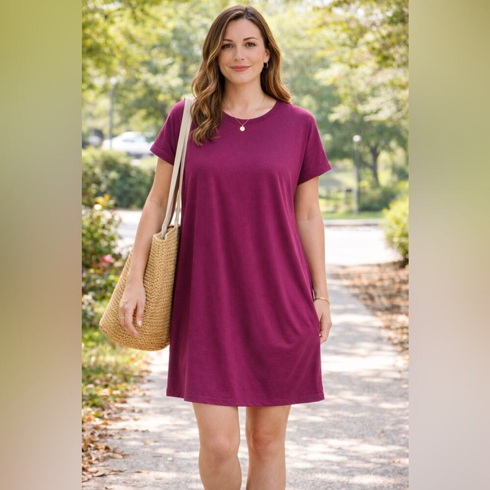 Eileen Fisher Crew Neck Boxy Dress in Berry Magenta - Size Large